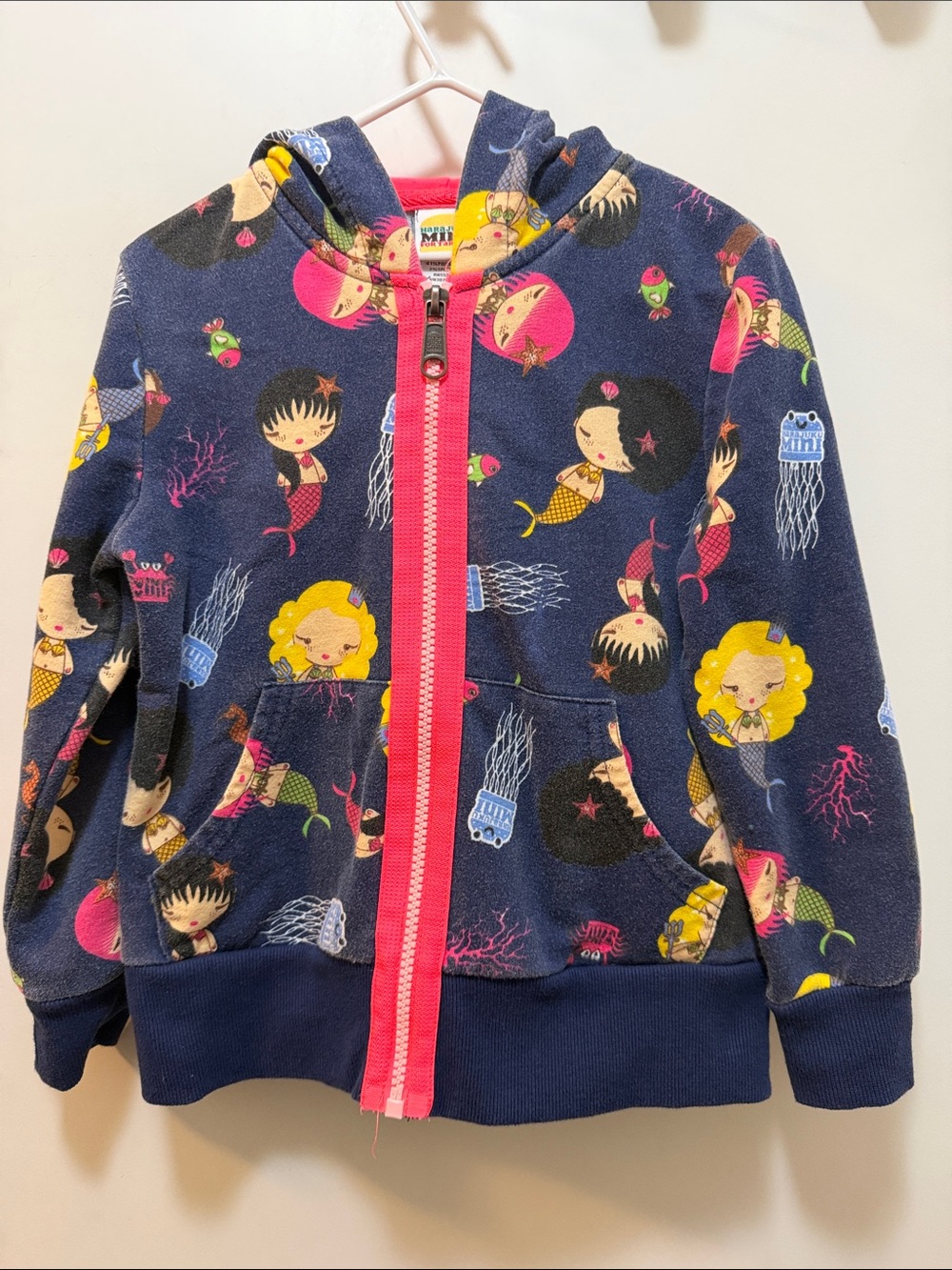 Navy Mermaid Print Zip-Up Hoodie Jacket with Pockets & Pink Trim